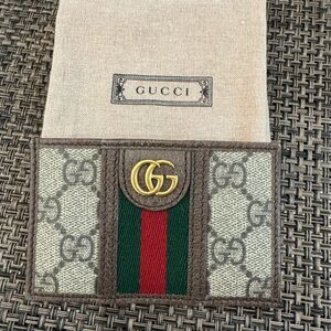 Gucci Brown GG Canvas Card Holder with Green and Red Web Stripe